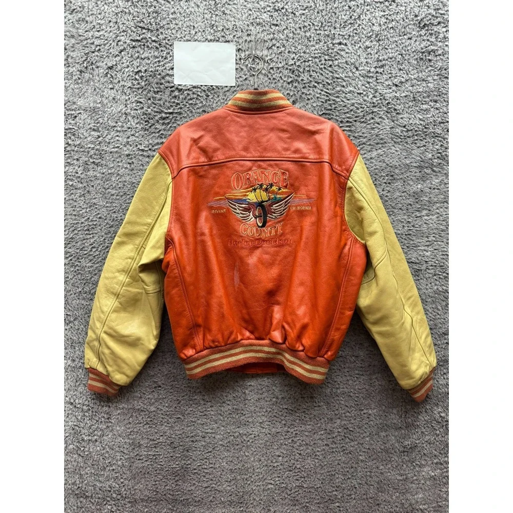 Vintage Harley-Davidson Genuine Leather Varsity Jacket Red Beige Mens Size L